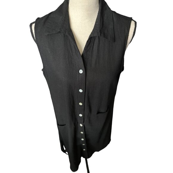 For Cynthia Dress Black Linen Viscose Blend Button Front Asymmetrical Medium - Picture 3 of 6